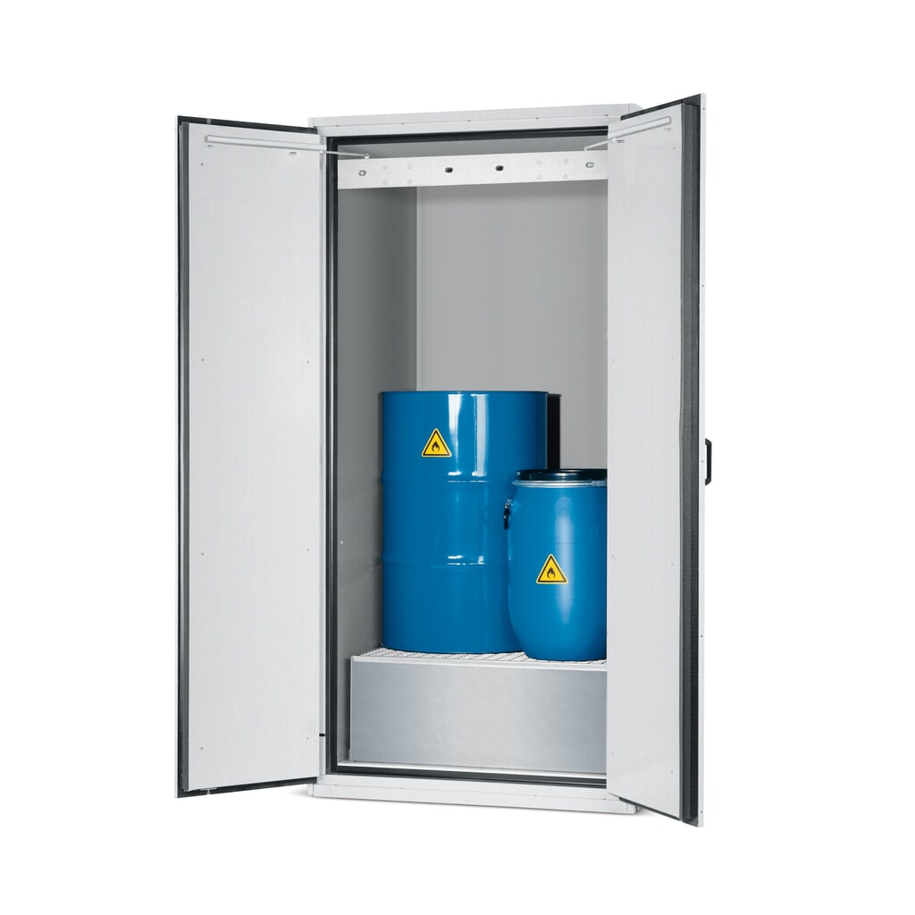 Produktabbildung: asecos® Feuerbeständiger Brandschutzschrank Typ 90 für 1 x 200 l Fass, Auffangwanne inkl. Gitterrost + Transportsockel