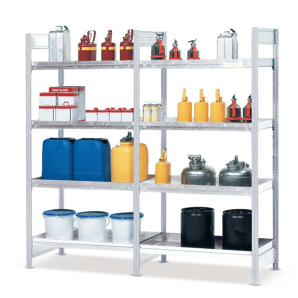 asecos® Gefahrstoffregal, für gewässergefährdende Flüssigkeiten, 4 Stahlwannen à 30 l, Grundfeld Produktabbildung: asecos® Gefahrstoffregal, für gewässergefährdende Flüssigkeiten, 4 Stahlwannen à 30 l, Grundfeld