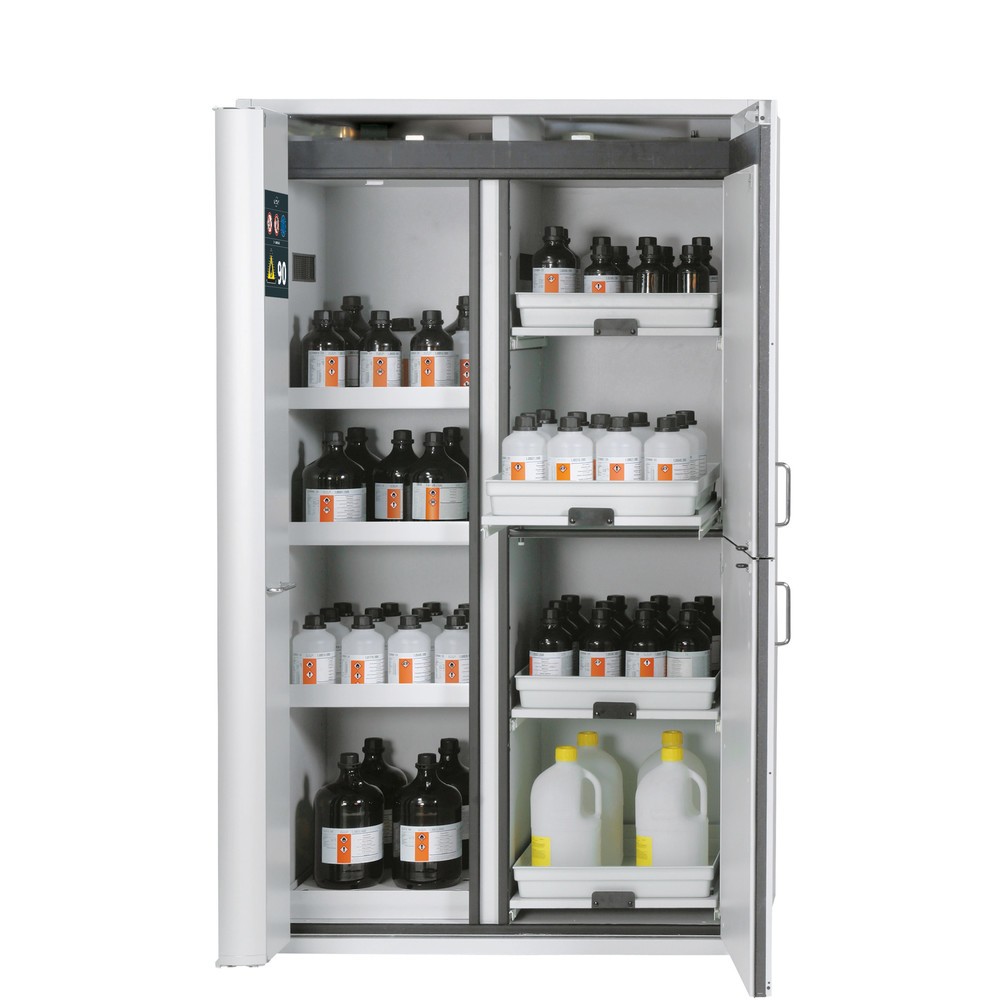 Produktabbildung: asecos® Kombi-Schrank K-PHOENIX-90, HxBxT 1.969 x 1.197 x 617 mm, Stahlblech: 3x Fachboden, 1x Lochblecheinsatz, 1x Bodenauffangwanne, 4x Tablarauszug mit PP-Wanne