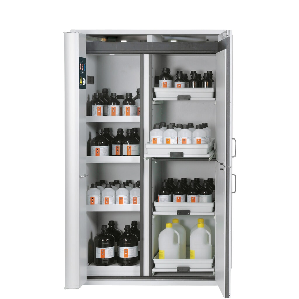 asecos® Kombi-Schrank K-PHOENIX-90, HxBxT 1.969 x 1.197 x 617 mm, Stahlblech: 3x Fachboden, 1x Lochblecheinsatz, 1x Bodenauffangwanne, 4x Tablarauszug mit PP-Wanne Produktabbildung: asecos® Kombi-Schrank K-PHOENIX-90, HxBxT 1.969 x 1.197 x 617 mm, Stahlblech: 3x Fachboden, 1x Lochblecheinsatz, 1x Bodenauffangwanne, 4x Tablarauszug mit PP-Wanne