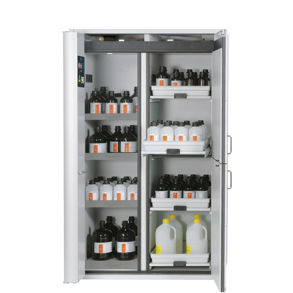 Produktabbildung: asecos® Kombi-Schrank K-PHOENIX-90, HxBxT 1.969 x 1.197 x 617 mm, Edelstahl: 3x Fachboden, 1x Lochblecheinsatz, 1x Bodenauffangwanne, 4x Tablarauszug mit PP-Wanne