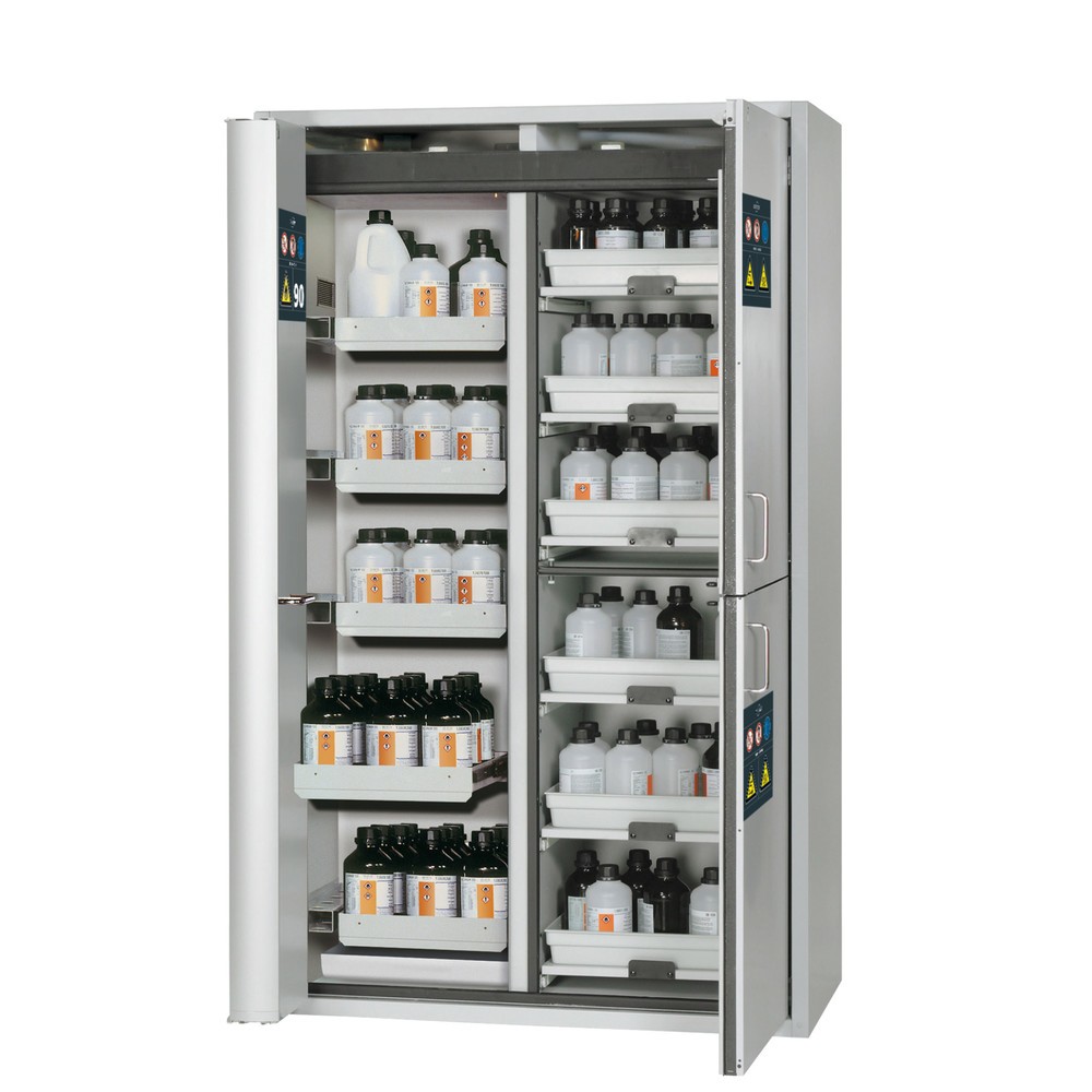 Produktabbildung: asecos® Kombi-Schrank K-PHOENIX-90, HxBxT 1.969 x 1.197 x 617 mm, Stahlblech: 6x Auszugswanne, 1x Bodenauffangwanne, 6x Tablarauszug mit PP-Wanne