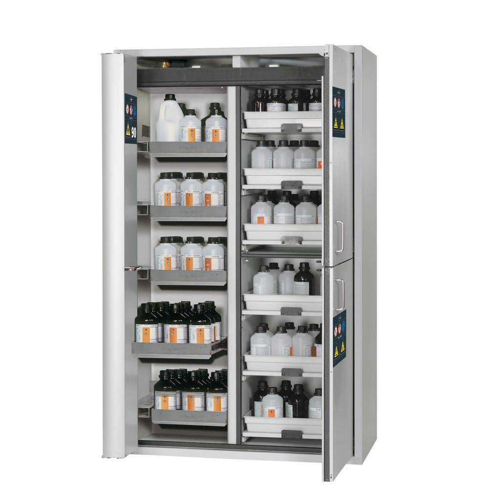 Produktabbildung: asecos® Kombi-Schrank K-PHOENIX-90, HxBxT 1.969 x 1.197 x 617 mm, Edelstahl: 6x Auszugswanne, 1x Bodenauffangwanne, 6x Tablarauszug mit PP-Wanne