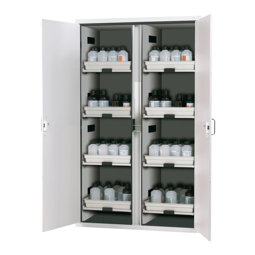Produktabbildung: asecos® Säuren- u. Chemikalienschrank CLASSIC, HxBxT 1.965 x 1.197 x 603 mm, 8x Tablarauszug mit PP-Wanne, lichtgrau