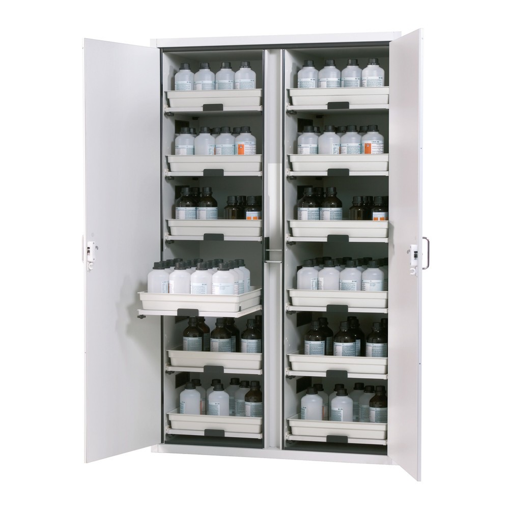 Produktabbildung: asecos® Säuren- u. Laugenschrank CLASSIC, HxBxT 1.965 x 1.197 x 603 mm, 12x Tablarauszug mit PP-Wanne, lichtgrau