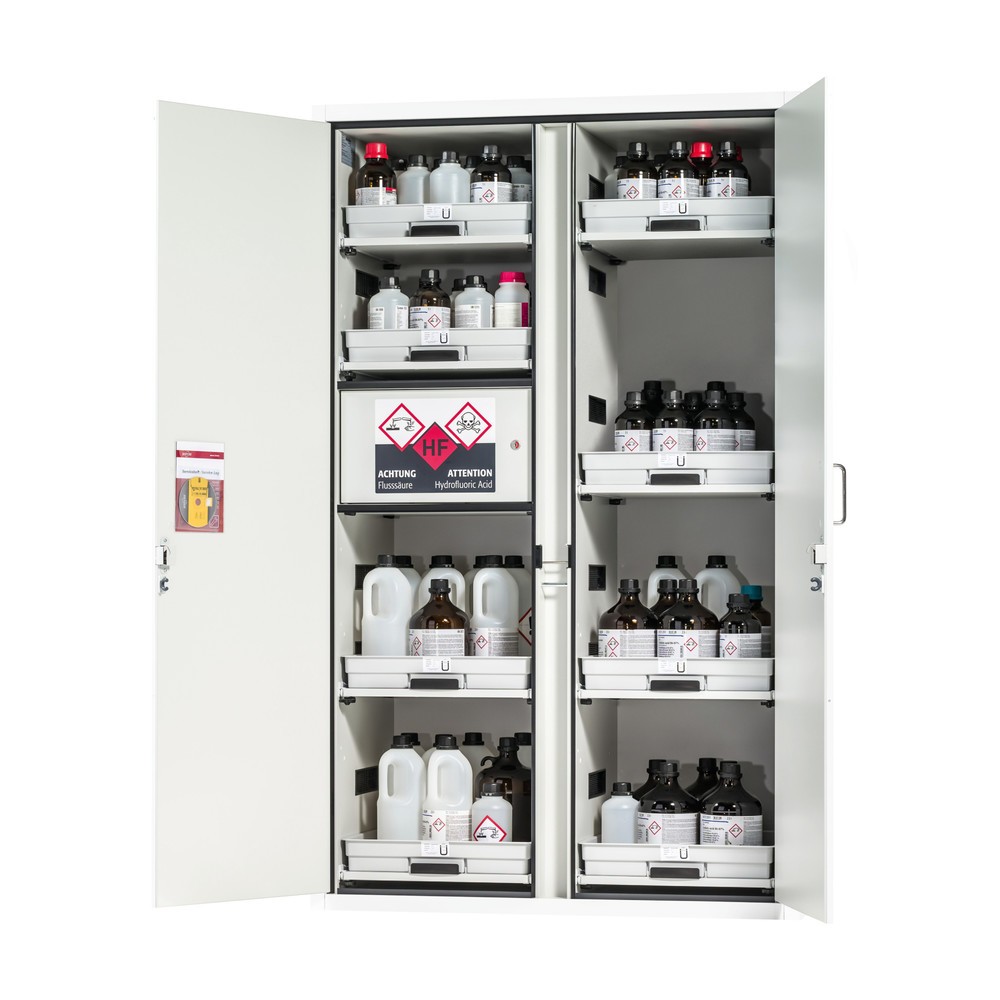 Produktabbildung Nr. 1: asecos® Säuren- u. Laugenschrank CLASSIC, HxBxT 1.965 x 1.197 x 603 mm, 8x Tablarauszug mit PP-Wanne, 1x Einbaufach mit PE-Wanne, laborweiß