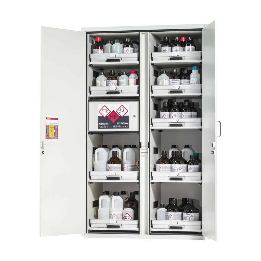 asecos® Säuren- u. Chemikalienschrank CLASSIC, HxBxT 1.965 x 1.197 x 603 mm, 9x Tablarauszug mit PP-Wanne, 1x Einbaufach mit PE-Wanne, lichtgrau Produktabbildung: asecos® Säuren- u. Chemikalienschrank CLASSIC, HxBxT 1.965 x 1.197 x 603 mm, 9x Tablarauszug mit PP-Wanne, 1x Einbaufach mit PE-Wanne, lichtgrau