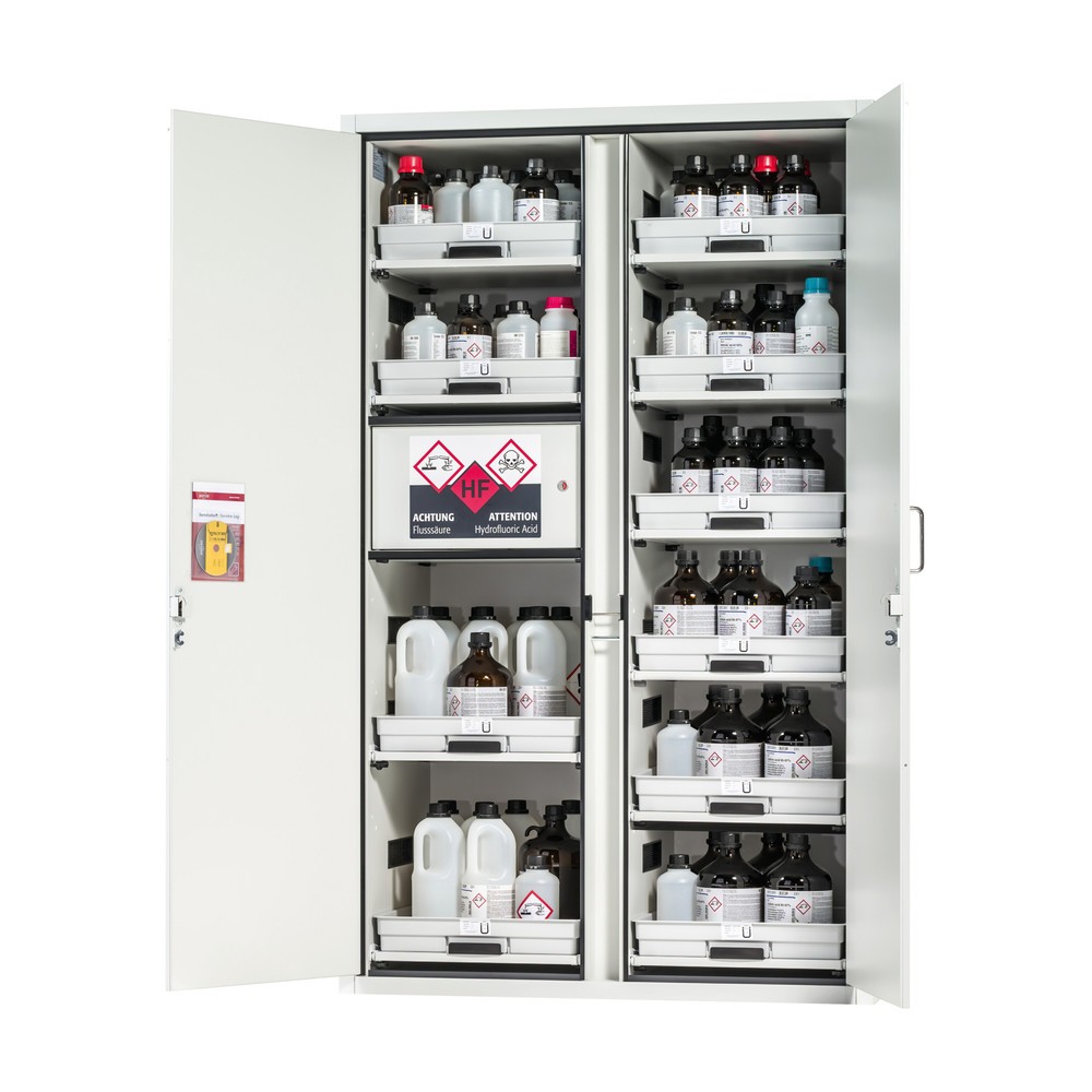 Produktabbildung Nr. 1: asecos® Säuren- u. Laugenschrank CLASSIC, HxBxT 1.965 x 1.197 x 603 mm, 11x Tablarauszug mit PP-Wanne, 1x Einbaufach mit PE-Wanne, lichtgrau
