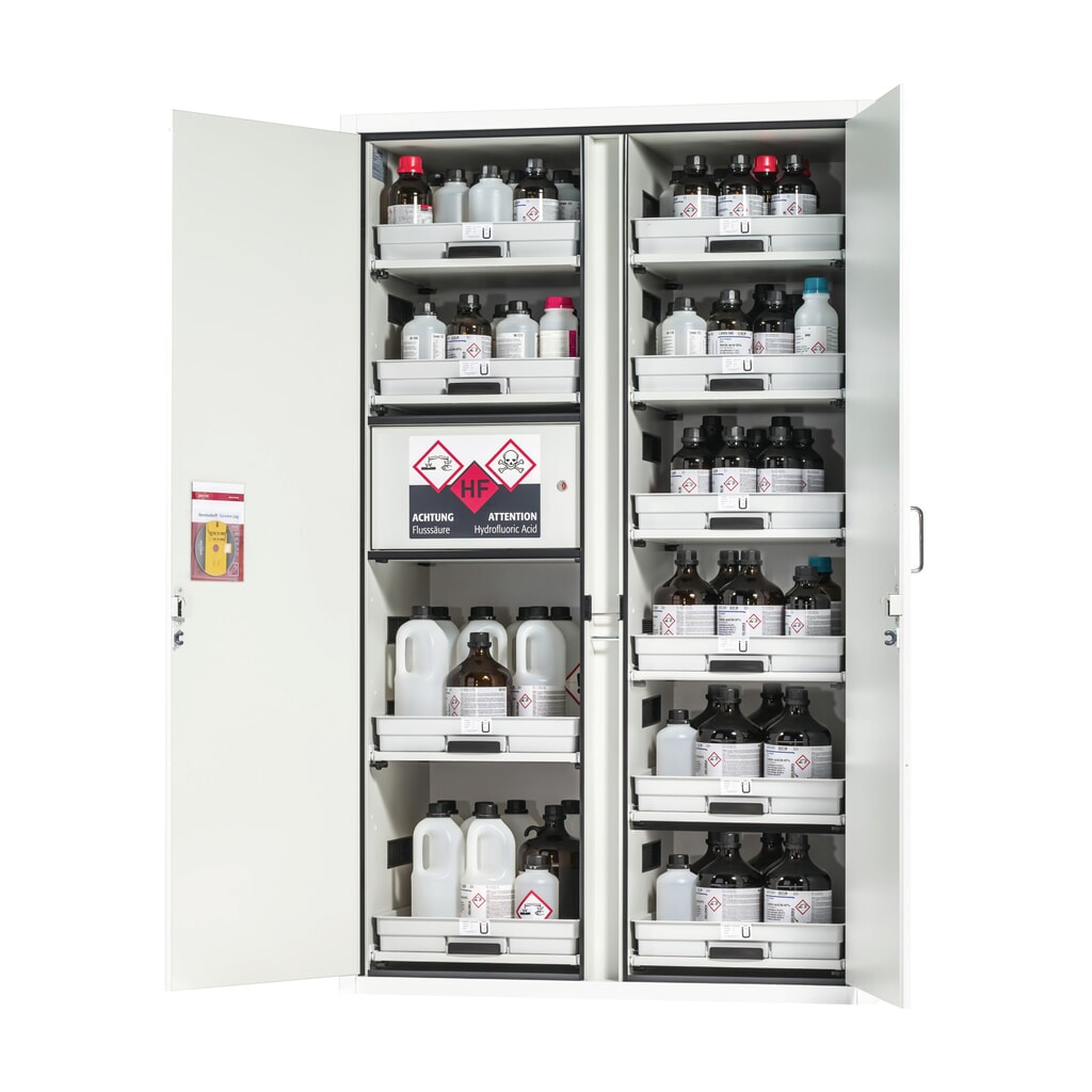 Produktabbildung: asecos® Säuren- u. Chemikalienschrank CLASSIC, HxBxT 1.965 x 1.197 x 603 mm, 11x Tablarauszug mit PP-Wanne, 1x Einbaufach mit PE-Wanne, laborweiß