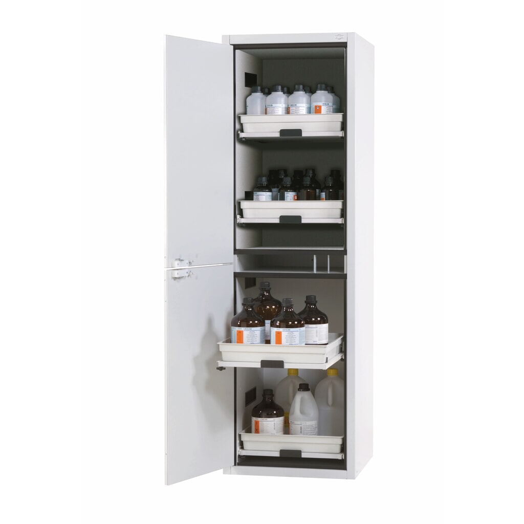 Produktabbildung: asecos® Säuren- u. Chemikalienschrank CLASSIC, HxBxT 1.965 x 597 x 603 mm, 4x Tablarauszug mit PP-Wanne, lichtgrau