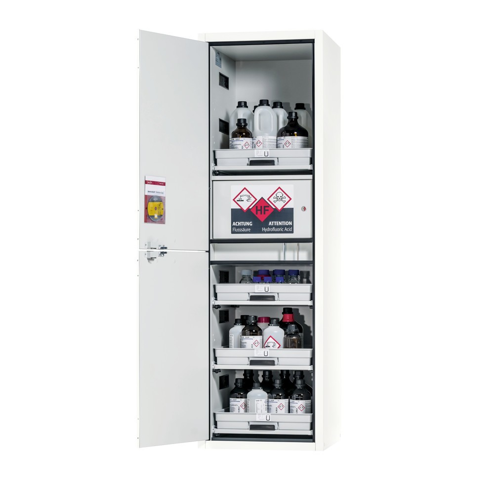 Produktabbildung Nr. 1: asecos® Säuren- u. Laugenschrank CLASSIC, HxBxT 1.965 x 597 x 603 mm, 4x Tablarauszug mit PP-Wanne, 1x Einbaufach mit PE-Wanne, laborweiß