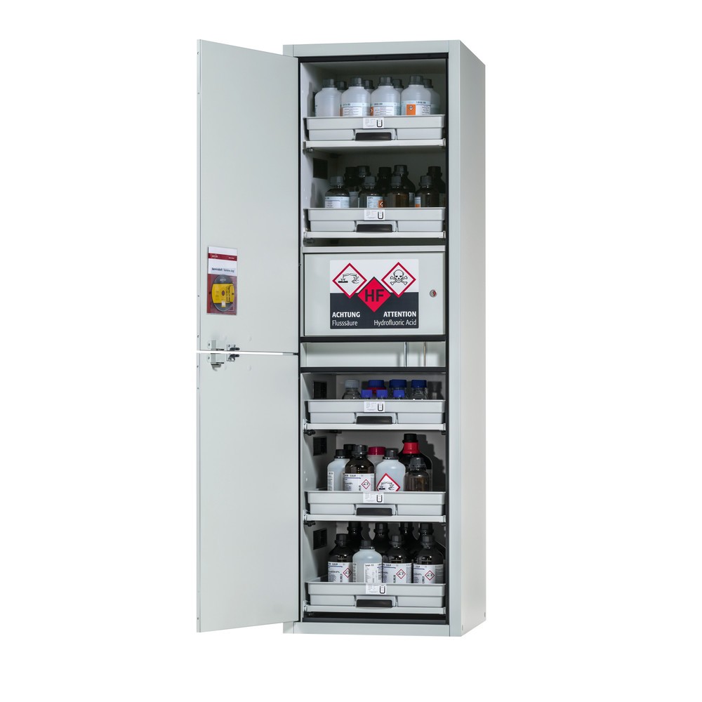 Produktabbildung Nr. 1: asecos® Säuren- u. Laugenschrank CLASSIC, HxBxT 1.965 x 597 x 603 mm, 5x Tablarauszug mit PP-Wanne, 1x Einbaufach mit PE-Wanne, lichtgrau