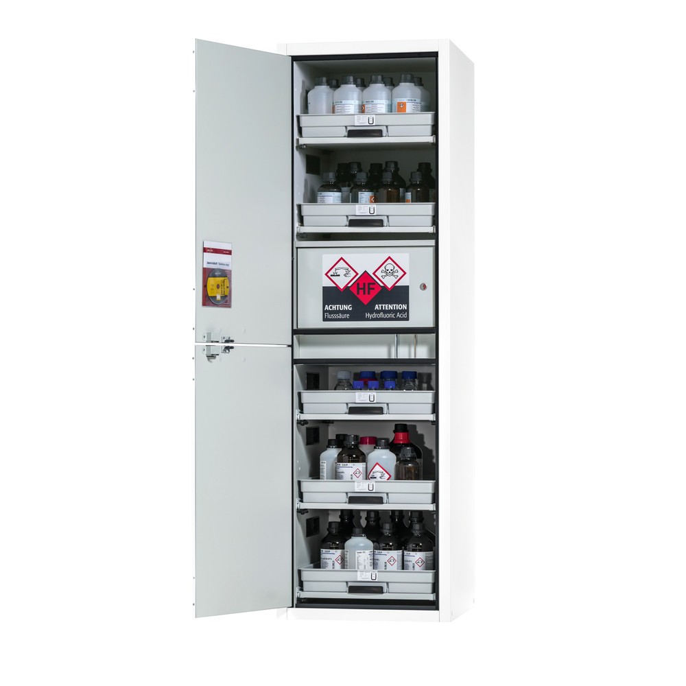 Produktabbildung Nr. 1: asecos® Säuren- u. Laugenschrank CLASSIC, HxBxT 1.965 x 597 x 603 mm, 5x Tablarauszug mit PP-Wanne, 1x Einbaufach mit PE-Wanne, laborweiß