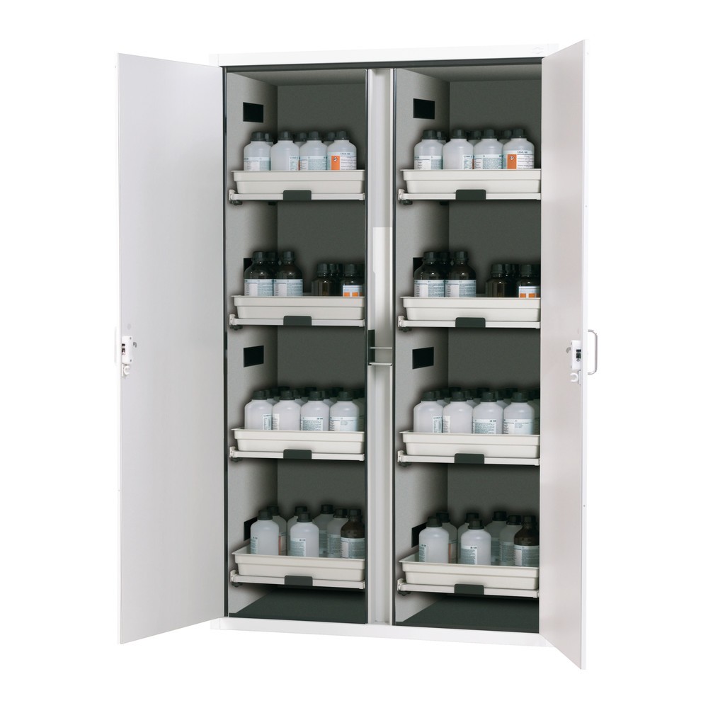 Produktabbildung: asecos® Säuren- u. Laugenschrank CLASSIC, HxBxT 1.965 x 1.197 x 603 mm, 8x Tablarauszug mit PP-Wanne, laborweiß