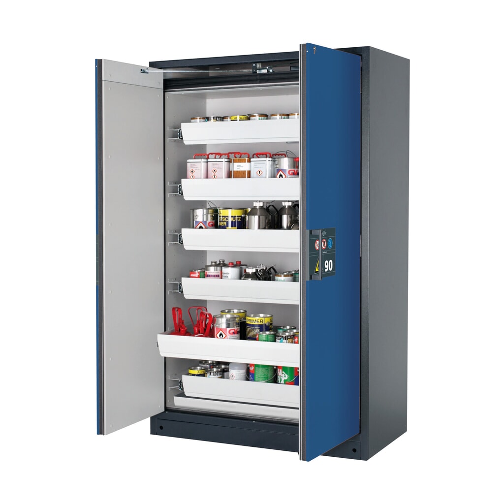 asecos® Brandschutzschrank Q-PEGASUS/Typ 90, 6 Auszugswannen, HxBxT 1.953 x 1.193 x 615 mm, enzianblau Produktabbildung: asecos® Brandschutzschrank Q-PEGASUS/Typ 90, 6 Auszugswannen, HxBxT 1.953 x 1.193 x 615 mm, enzianblau