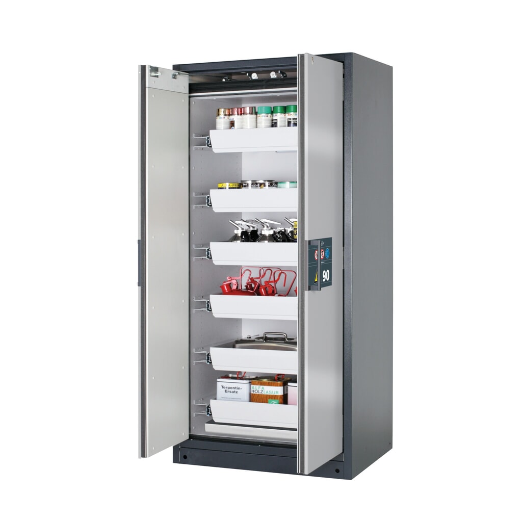 asecos® Brandschutzschrank Q-PEGASUS/Typ 90, 6 Auszugswannen, HxBxT 1.953 x 893 x 615 mm, silber Produktabbildung: asecos® Brandschutzschrank Q-PEGASUS/Typ 90, 6 Auszugswannen, HxBxT 1.953 x 893 x 615 mm, silber