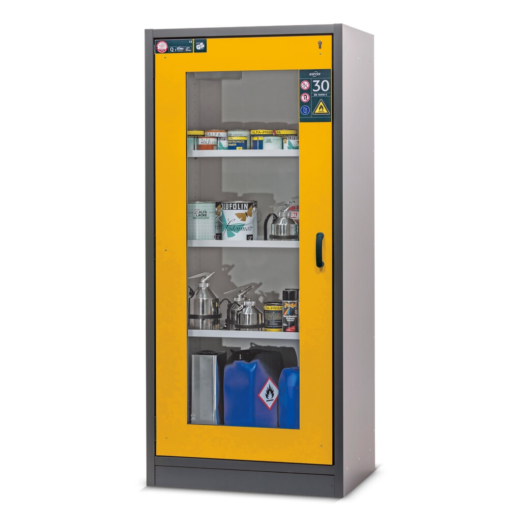 asecos® Brandschutzschrank Typ 30 mit Glastür, HxBxT 1.947 x 864 x 620 mm, anthrazitgrau, goldgelb Produktabbildung: asecos® Brandschutzschrank Typ 30 mit Glastür, HxBxT 1.947 x 864 x 620 mm, anthrazitgrau, goldgelb