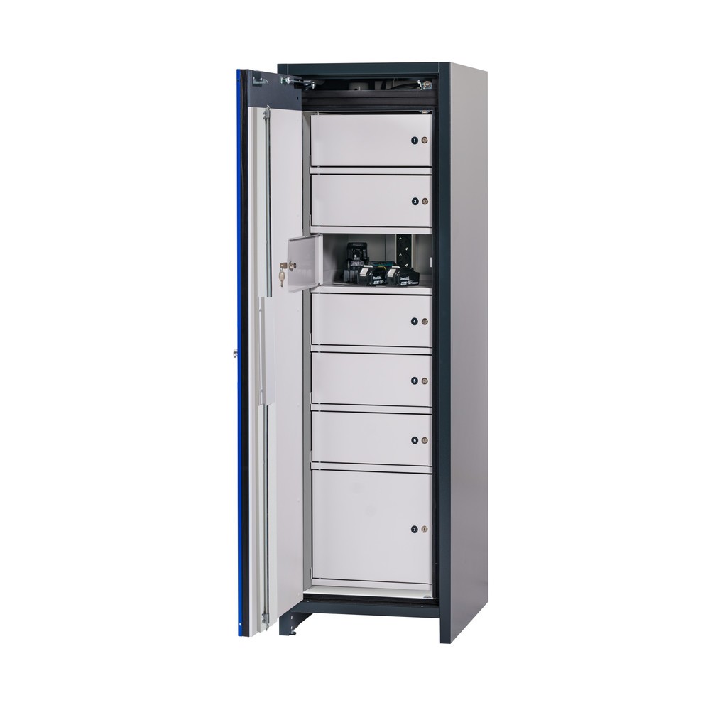 Produktabbildung: asecos® Sicherheitsschrank Typ 90 für Lithium-Ionen-Batterien ION-CORE-CHARGE, HxBxT 1953x599x615 mm, 1x Schließfachsystem, 1x Bodenauffangwanne, 2x Steckdosenleiste (EU-Ausführung)