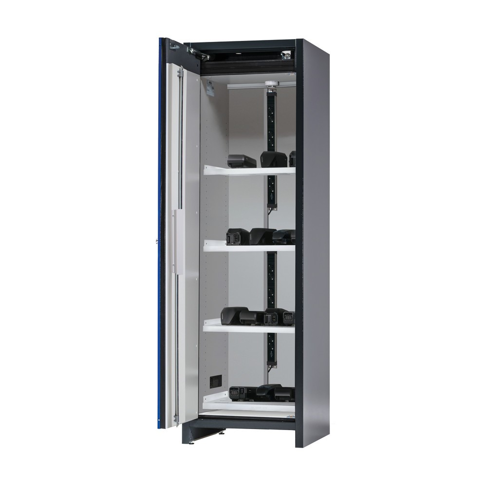 Produktabbildung: asecos® Sicherheitsschrank Typ 90 für Lithium-Ionen-Batterien ION-CORE-CHARGE, HxBxT 1953x599x615 mm, 4x gelochte Fachböden, 2x Steckdosenleiste (EU-Ausführung), 1x Bodenauffangwanne