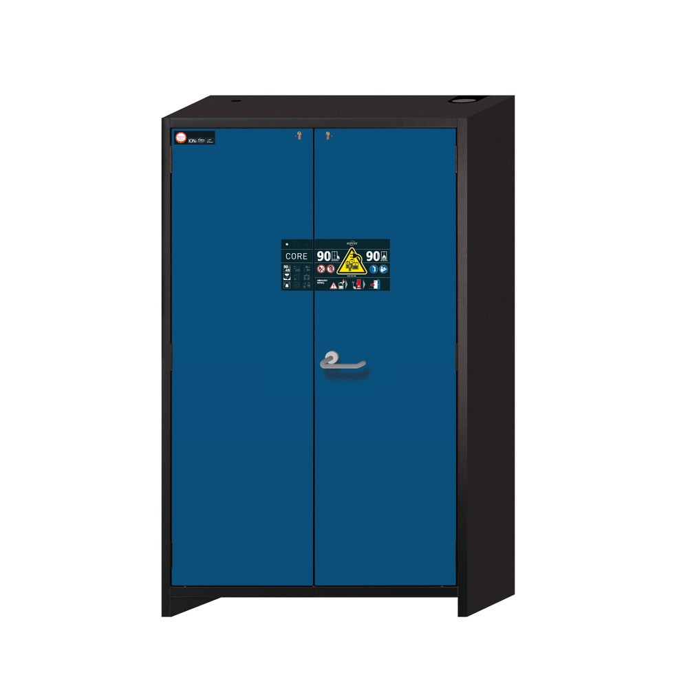 Produktabbildung: asecos® Sicherheitsschrank Typ 90 für Lithium-Ionen-Batterien ION-CORE-STORE, HxBxT 1953x1193x615 mm, 5x gelochte Fachböden, 1x Bodenauffangwanne