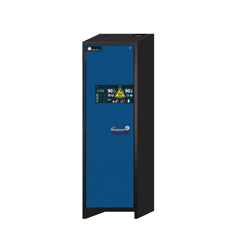 Produktabbildung: asecos® Sicherheitsschrank Typ 90 für Lithium-Ionen-Batterien ION-CORE-STORE, HxBxT 1953x599x615 mm, 3x gelochte Fachböden, 1x Bodenauffangwanne