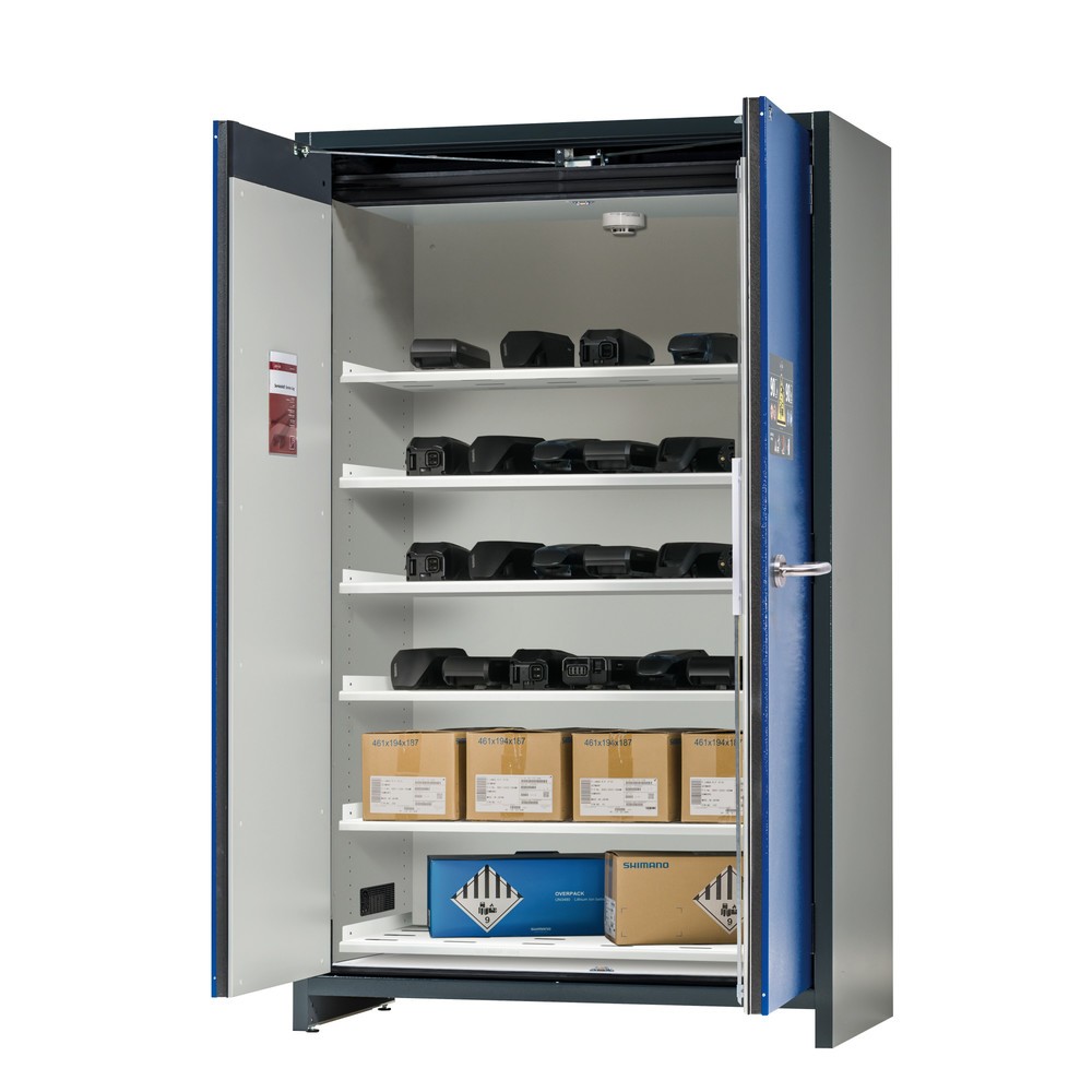 Produktabbildung: asecos® Sicherheitsschrank Typ 90 für Lithium-Ionen-Batterien ION-CORE-STORE, HxBxT 1953x1193x615 mm, 6x gelochte Fachböden, 1x Bodenauffangwanne