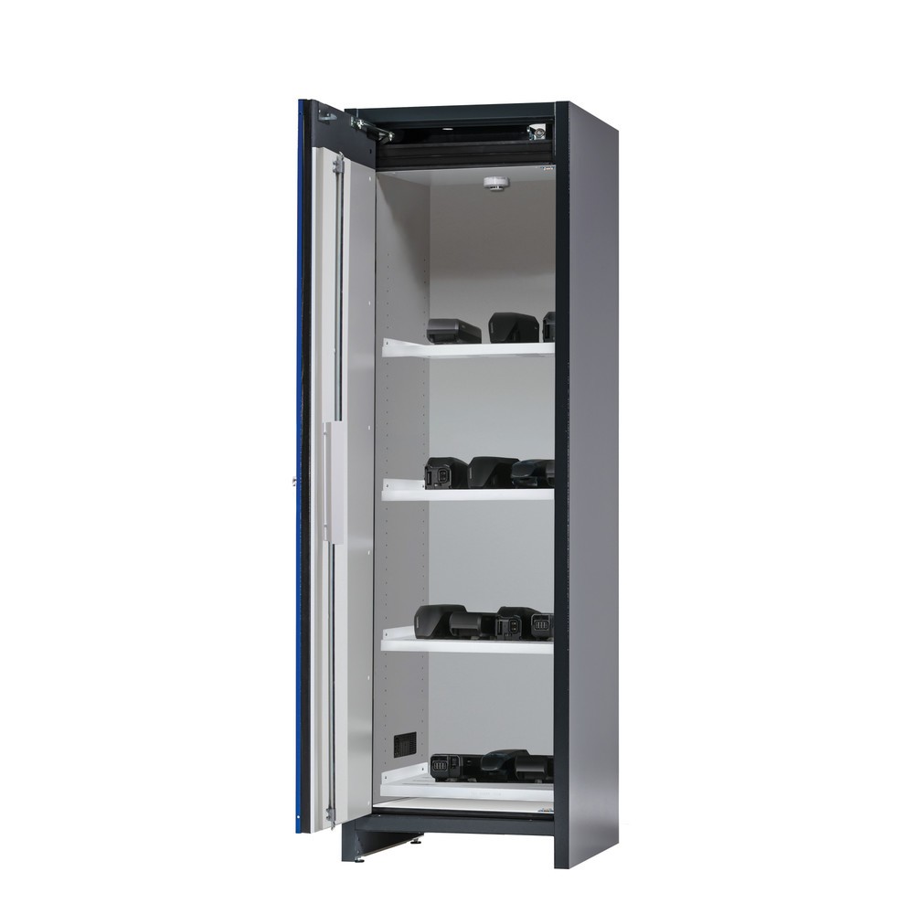 Produktabbildung: asecos® Sicherheitsschrank Typ 90 für Lithium-Ionen-Batterien ION-CORE-STORE, HxBxT 1953x599x615 mm, 6x gelochte Fachböden, 1x Bodenauffangwanne