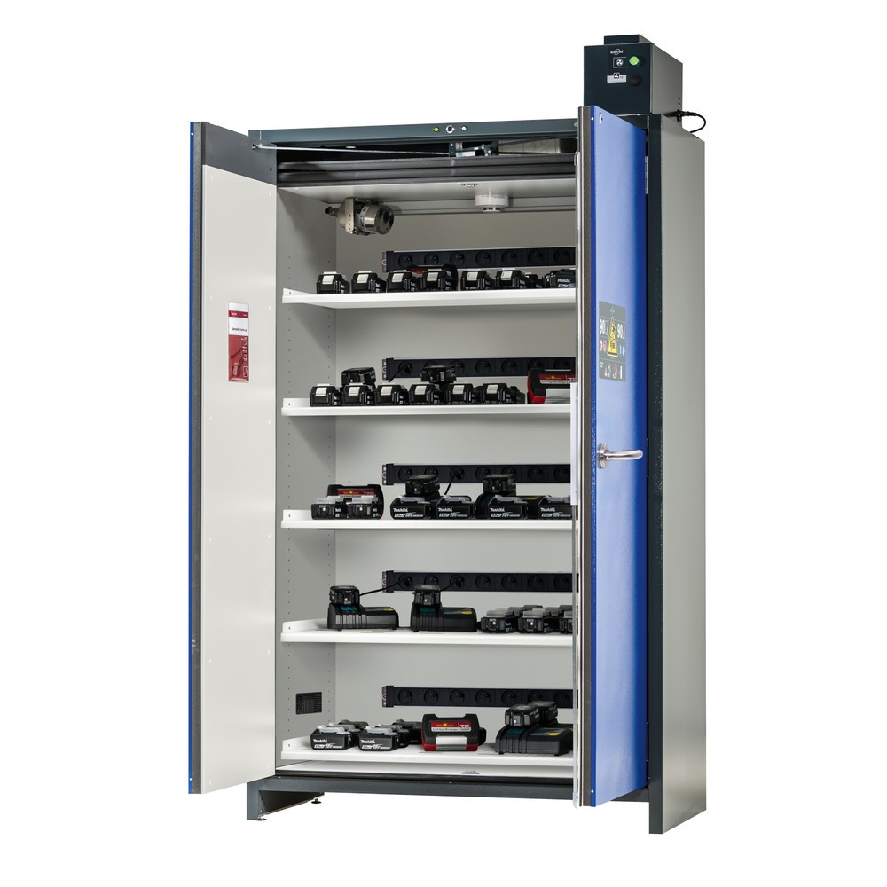 Produktabbildung: asecos® Sicherheitsschrank Typ 90 für Lithium-Ionen-Batterien ION-PRO-CHARGE, HxBxT 2224x1193x615 mm, 5x gelochte Fachböden, 5x Steckdosenleiste (EU-Ausführung), 1x Bodenauffangwanne