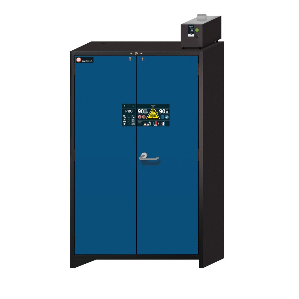 Produktabbildung: asecos® Sicherheitsschrank Typ 90 für Lithium-Ionen-Batterien ION-PRO-CHARGE, HxBxT 2224x1193x615 mm, 3x gelochte Fachböden, 3x Steckdosenleiste (EU-Ausführung), 1x Bodenauffangwanne