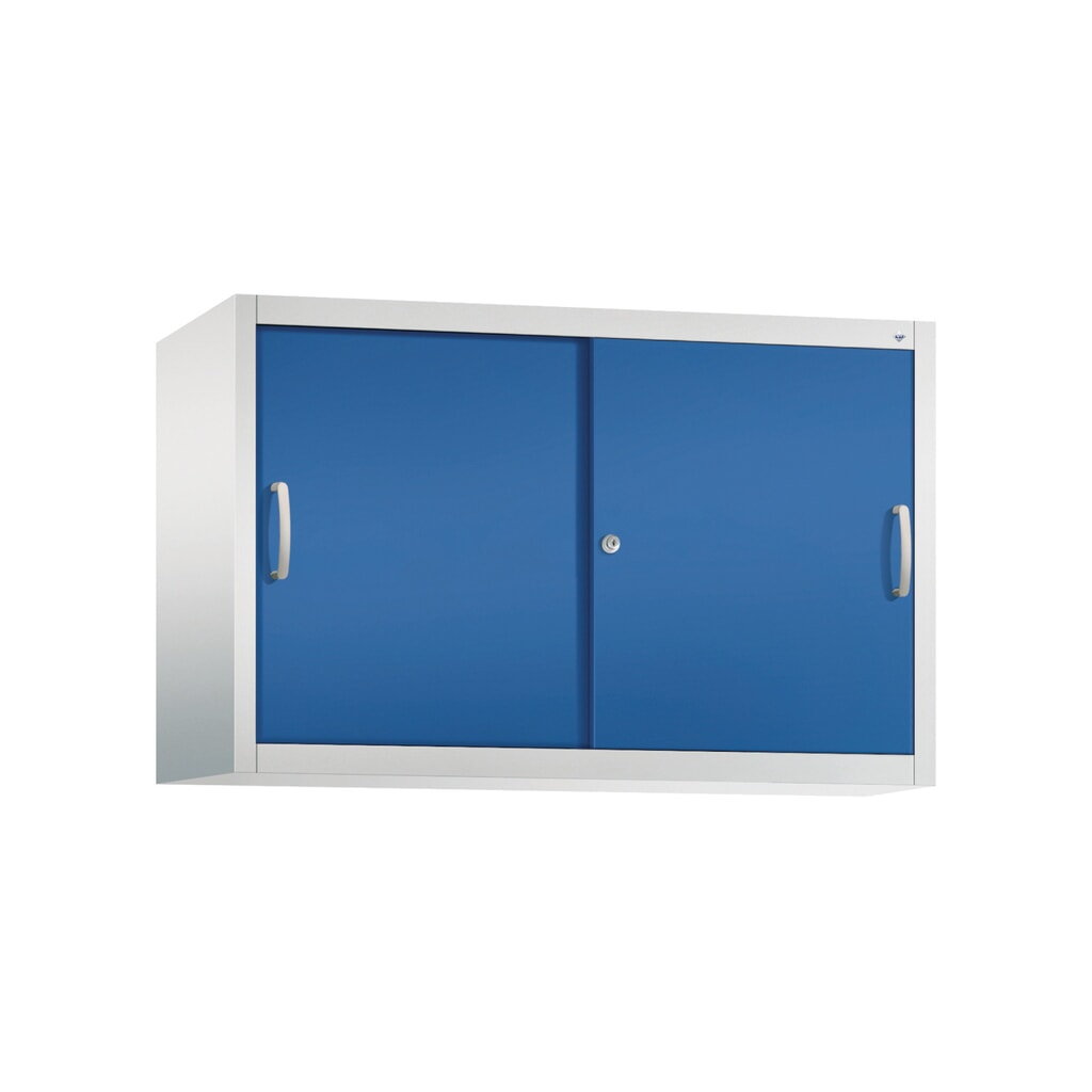 Aufsatzschrank für C+P Werkstatt-Schiebetürenschrank, 1 Fachboden, HxBxT 790 x 1.200 x 400 mm, enzianblau, lichtgrau Produktabbildung Nr. 1: Aufsatzschrank für C+P Werkstatt-Schiebetürenschrank, 1 Fachboden, HxBxT 790 x 1.200 x 400 mm, enzianblau, lichtgrau