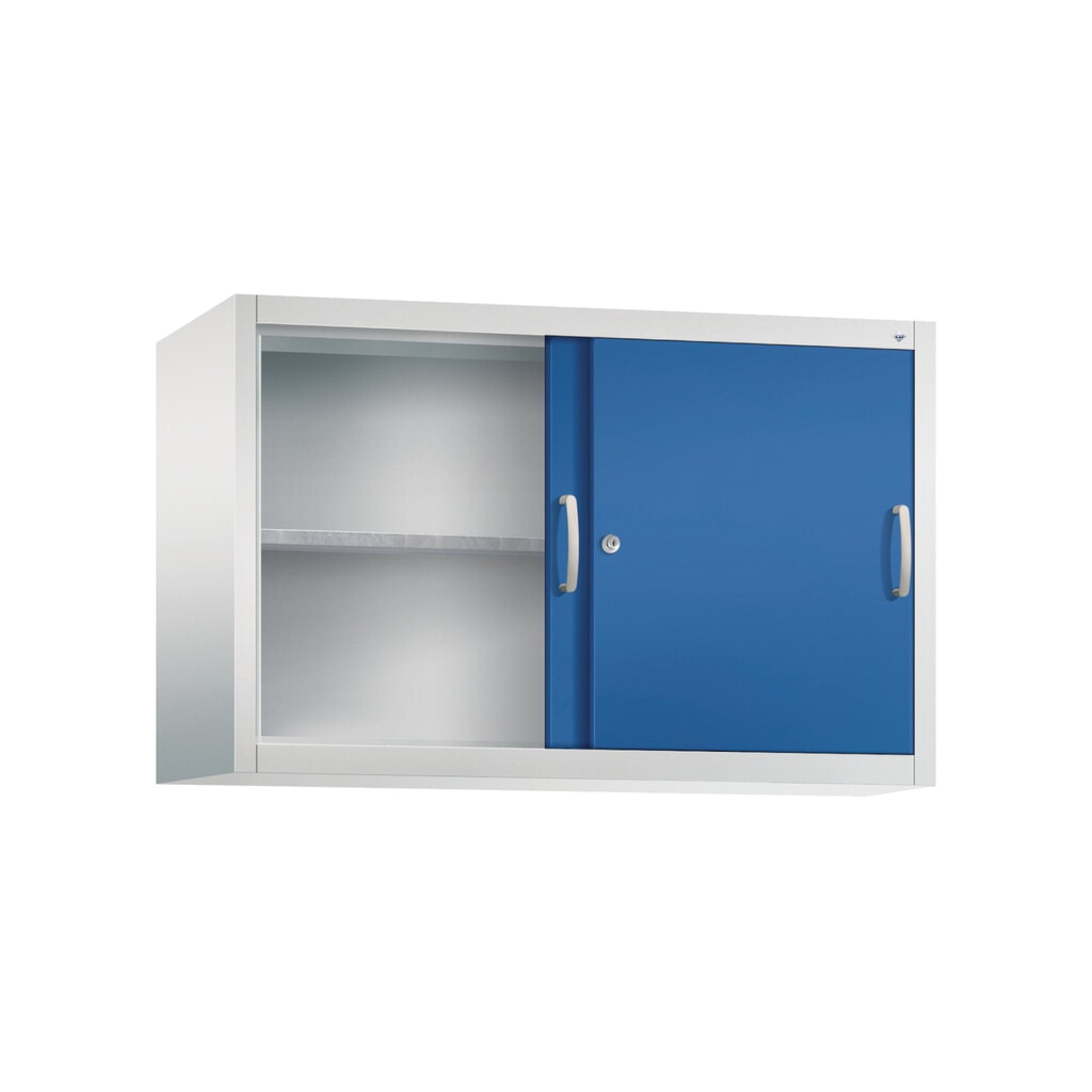 Aufsatzschrank für C+P Werkstatt-Schiebetürenschrank, 1 Fachboden, HxBxT 790 x 1.200 x 400 mm, enzianblau, lichtgrau Produktabbildung Nr. 2: Aufsatzschrank für C+P Werkstatt-Schiebetürenschrank, 1 Fachboden, HxBxT 790 x 1.200 x 400 mm, enzianblau, lichtgrau