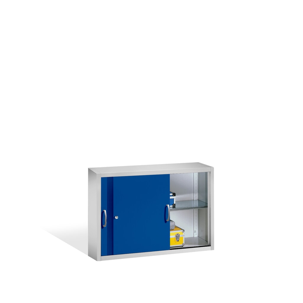 Aufsatzschrank für C+P Werkstatt-Schiebetürenschrank, 1 Fachboden, HxBxT 790 x 1.200 x 400 mm, enzianblau, lichtgrau Produktabbildung Nr. 3: Aufsatzschrank für C+P Werkstatt-Schiebetürenschrank, 1 Fachboden, HxBxT 790 x 1.200 x 400 mm, enzianblau, lichtgrau