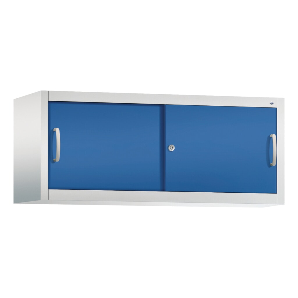 Aufsatzschrank für C+P Werkstatt-Schiebetürenschrank, HxBxT 500 x 1.200 x 400 mm, lichtgrau, enzianblau Produktabbildung: Aufsatzschrank für C+P Werkstatt-Schiebetürenschrank, HxBxT 500 x 1.200 x 400 mm, lichtgrau, enzianblau