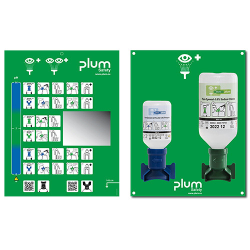 Produktabbildung: B-Safety Augenspülstation plum Notfallstation mit Spiegel, Natriumchloridlösung 500 ml, Phosphatpufferlösung 200 ml