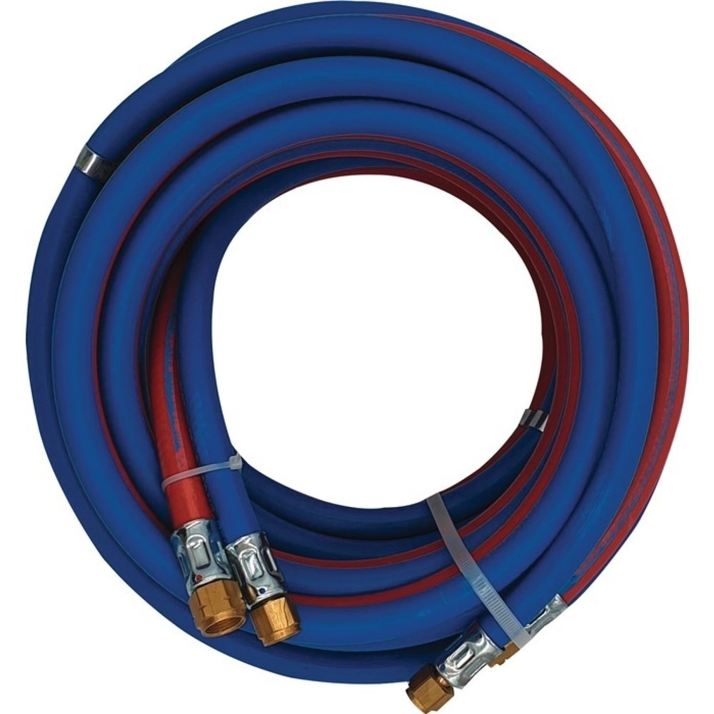Produktabbildung: Autogenzwillingsschlauch, Wandstärke 5 / 3,5 mm, Länge 5 m Innen-Ø 6 / 9 mm, blau / rot