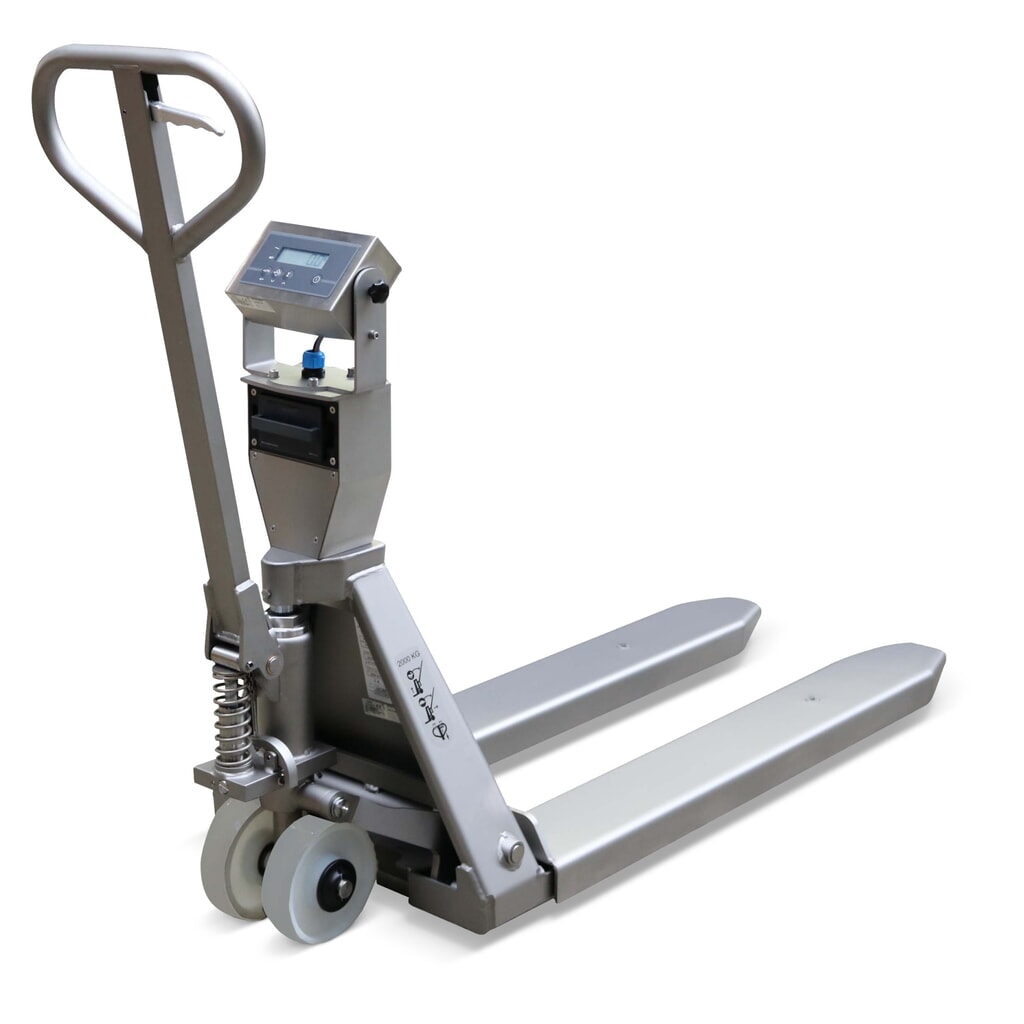 Ravas Edelstahl-Hubwagen mit Waage INOX PRO mit Mehrbereichsanzeige, Tragfähigkeit 2.000 kg Produktabbildung: Ravas Edelstahl-Hubwagen mit Waage INOX PRO mit Mehrbereichsanzeige, Tragfähigkeit 2.000 kg