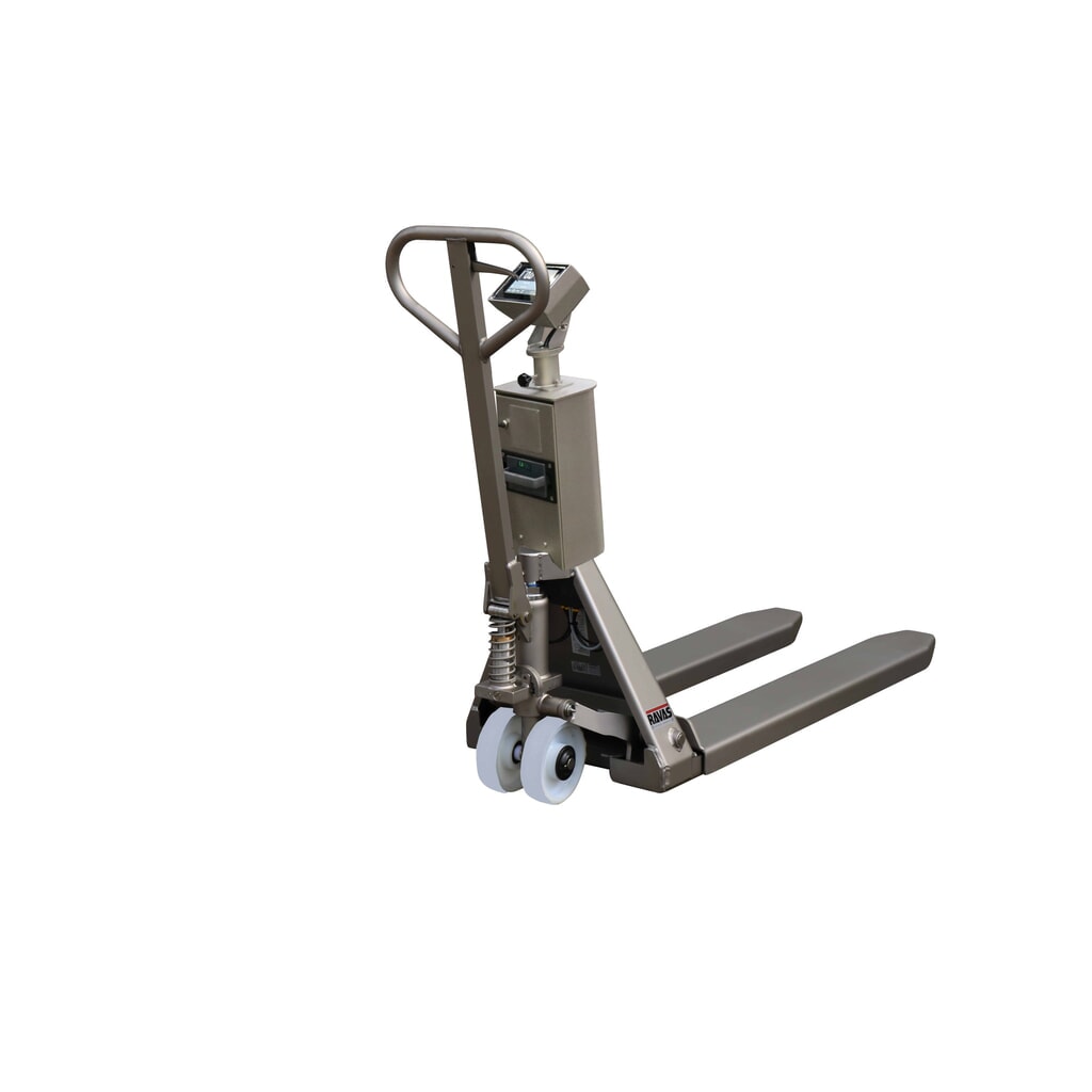 Ravas Edelstahl-Hubwagen mit Waage INOX PRO mit Mehrbereichsanzeige Touch, TK 2.000 kg, GL 1.150 mm, Polyamid, Tandemrollen Produktabbildung: Ravas Edelstahl-Hubwagen mit Waage INOX PRO mit Mehrbereichsanzeige Touch, TK 2.000 kg, GL 1.150 mm, Polyamid, Tandemrollen
