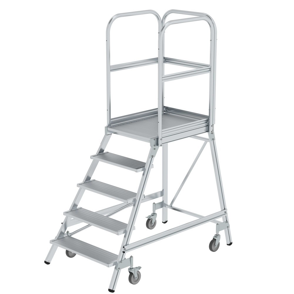 Produktabbildung: Podesttreppe einseitig begehbar mit Federrollen Aluminium geriffelt 5 Stufen