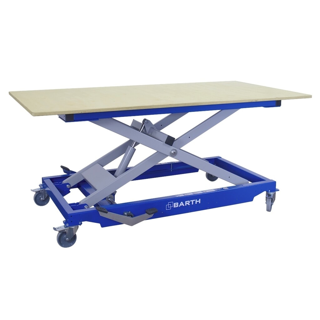 Produktabbildung: BARTH Montage-Hubtischwagen H400 XL mit Multiplex-Arbeitsplatte, Tragkraft 400 kg, Plattform 2.000 x 1.015 x 24 mm