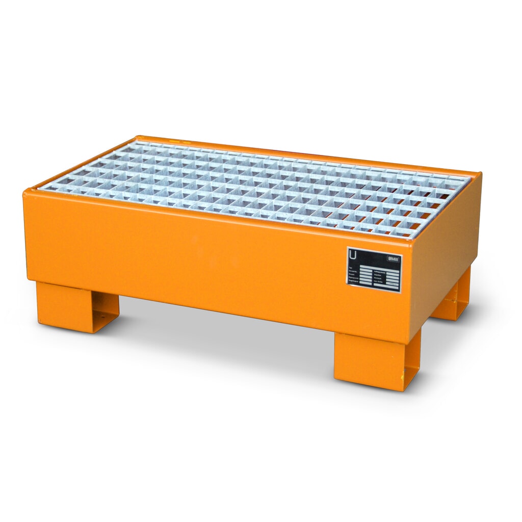 Bauer® Auffangwanne aus Stahl, für 2x 60-Liter-Fass, Auffangvolumen 61 l, inkl. Gitterrost, gelborange Produktabbildung: Bauer® Auffangwanne aus Stahl, für 2x 60-Liter-Fass, Auffangvolumen 61 l, inkl. Gitterrost, gelborange
