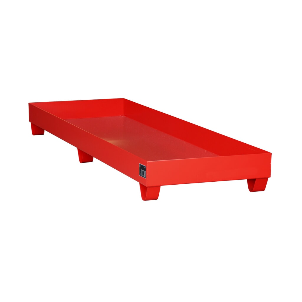 Bauer® Auffangwanne aus Stahl, Unterfahrhöhe 100 mm, HxBxT 250 x 2.400 x 800 mm, ohne Gitterrost, 4x 200 l, feuerrot Produktabbildung: Bauer® Auffangwanne aus Stahl, Unterfahrhöhe 100 mm, HxBxT 250 x 2.400 x 800 mm, ohne Gitterrost, 4x 200 l, feuerrot