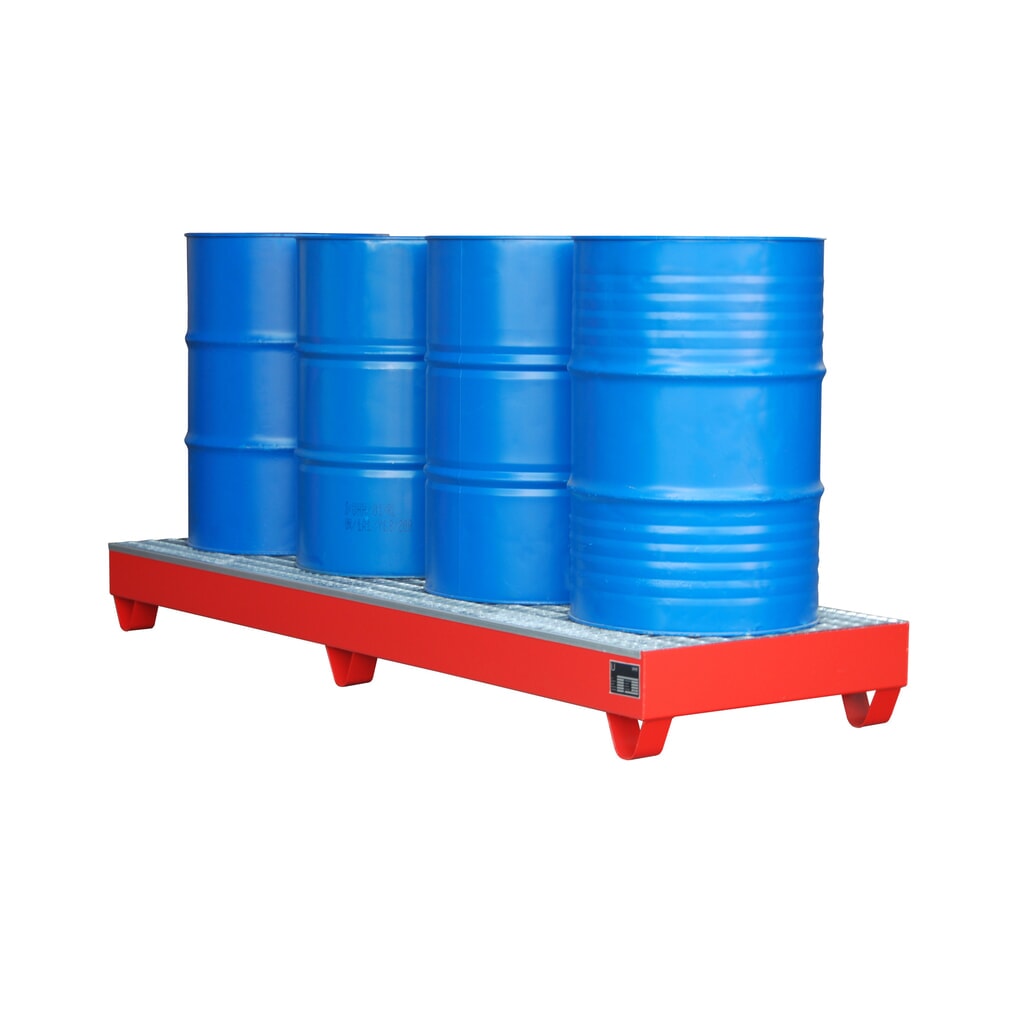 Produktabbildung: Bauer® Auffangwanne aus Stahl, Unterfahrhöhe 100 mm, HxBxT 250 x 2.400 x 800 mm, inkl. Gitterrost, 4x 200 l, feuerrot