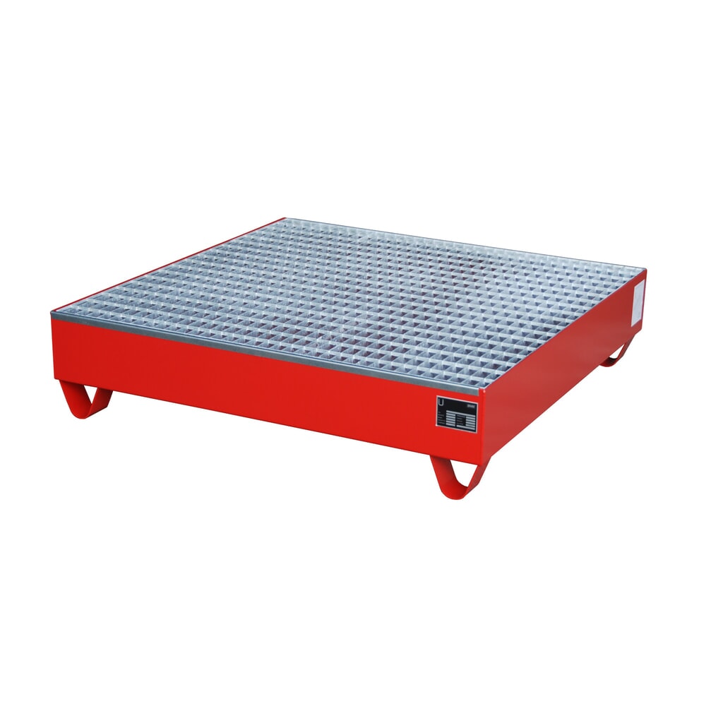 Produktabbildung: Bauer® Auffangwanne aus Stahl, Unterfahrhöhe 100 mm, HxBxT 285 x 1.200 x 1.200 mm, inkl. Gitterrost, 4x 200 l, feuerrot
