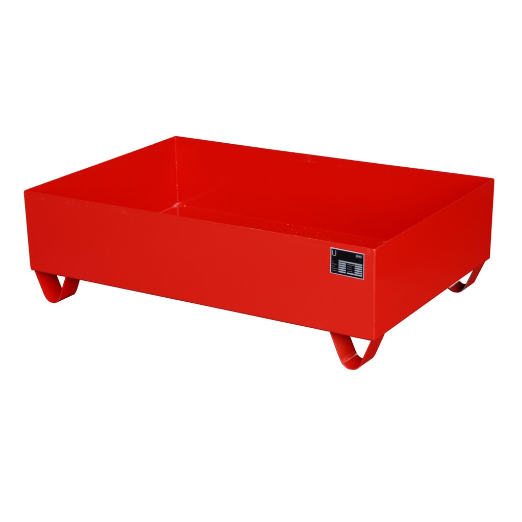Bauer® Auffangwanne aus Stahl, Unterfahrhöhe 100 mm, HxBxT 360 x 1.200 x 800 mm, ohne Gitterrost, 2x 200 l, feuerrot Produktabbildung: Bauer® Auffangwanne aus Stahl, Unterfahrhöhe 100 mm, HxBxT 360 x 1.200 x 800 mm, ohne Gitterrost, 2x 200 l, feuerrot