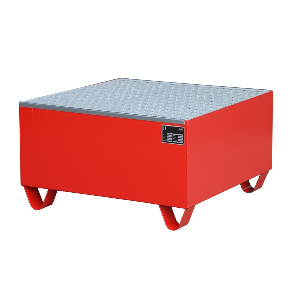 Bauer® Auffangwanne aus Stahl, Unterfahrhöhe 100 mm, HxBxT 465 x 800 x 800 mm, inkl. Gitterrost, 1x 200 l, feuerrot Produktabbildung: Bauer® Auffangwanne aus Stahl, Unterfahrhöhe 100 mm, HxBxT 465 x 800 x 800 mm, inkl. Gitterrost, 1x 200 l, feuerrot