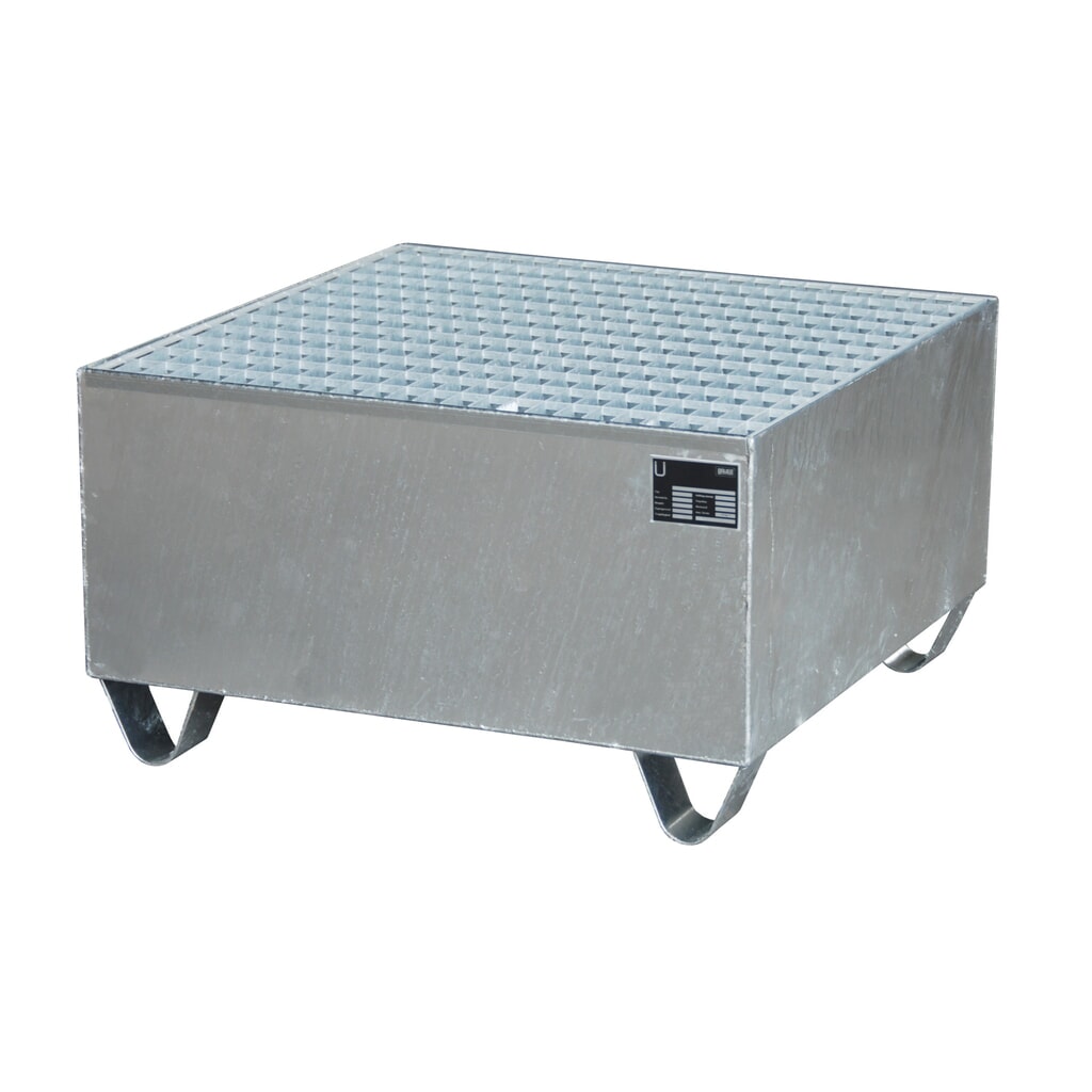 Bauer® Auffangwanne aus Stahl, Unterfahrhöhe 100 mm, HxBxT 465 x 800 x 800 mm, inkl. Gitterrost, 1x 200 l, feuerverzinkt Produktabbildung: Bauer® Auffangwanne aus Stahl, Unterfahrhöhe 100 mm, HxBxT 465 x 800 x 800 mm, inkl. Gitterrost, 1x 200 l, feuerverzinkt