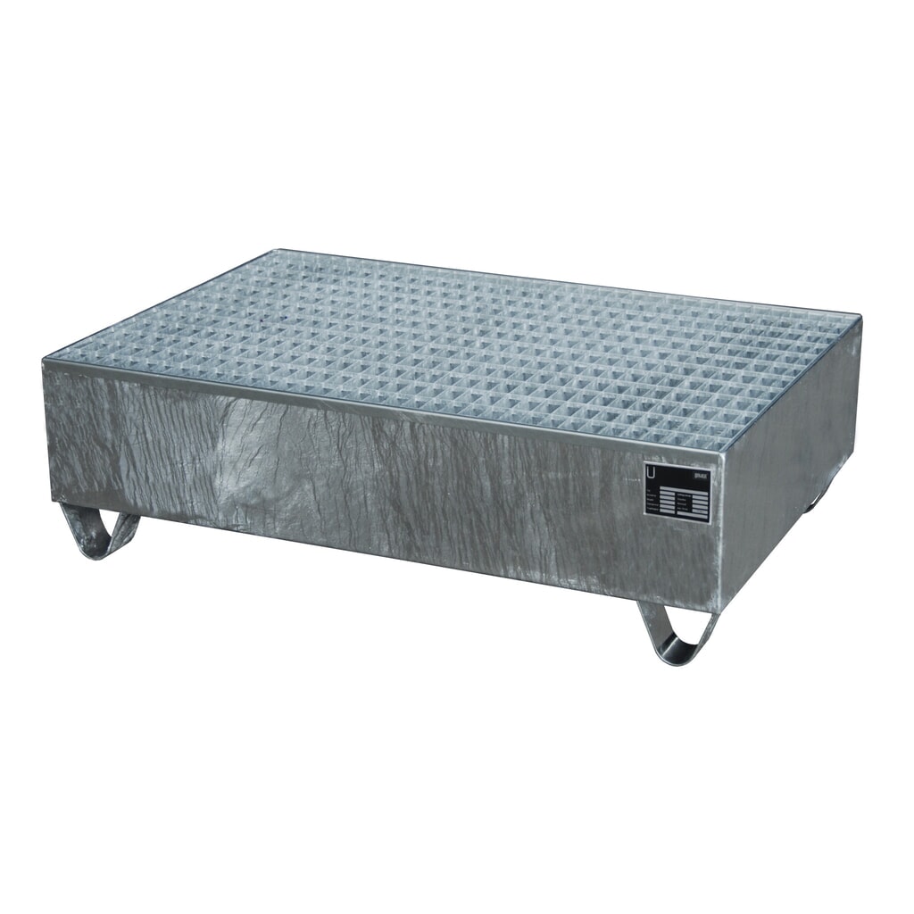 Bauer® Auffangwanne aus Stahl, Unterfahrhöhe 100 mm, HxBxT 360 x 1.200 x 800 mm, inkl. Gitterrost, 2x 200 l, feuerverzinkt Produktabbildung: Bauer® Auffangwanne aus Stahl, Unterfahrhöhe 100 mm, HxBxT 360 x 1.200 x 800 mm, inkl. Gitterrost, 2x 200 l, feuerverzinkt