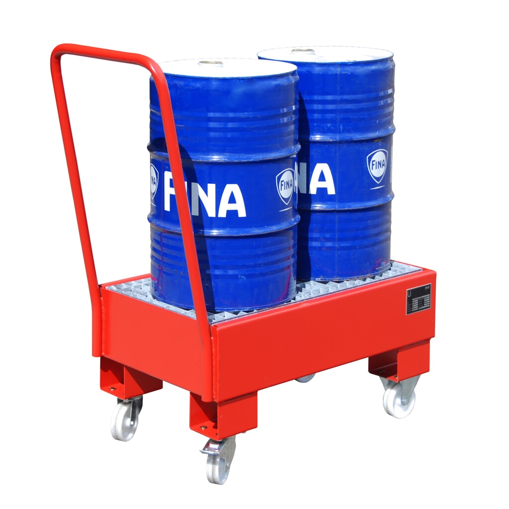 Bauer® Auffangwanne aus Stahl, verfahrbar, 2x 60 l stehend, Auffangvolumen 61 l, feuerrot Produktabbildung: Bauer® Auffangwanne aus Stahl, verfahrbar, 2x 60 l stehend, Auffangvolumen 61 l, feuerrot