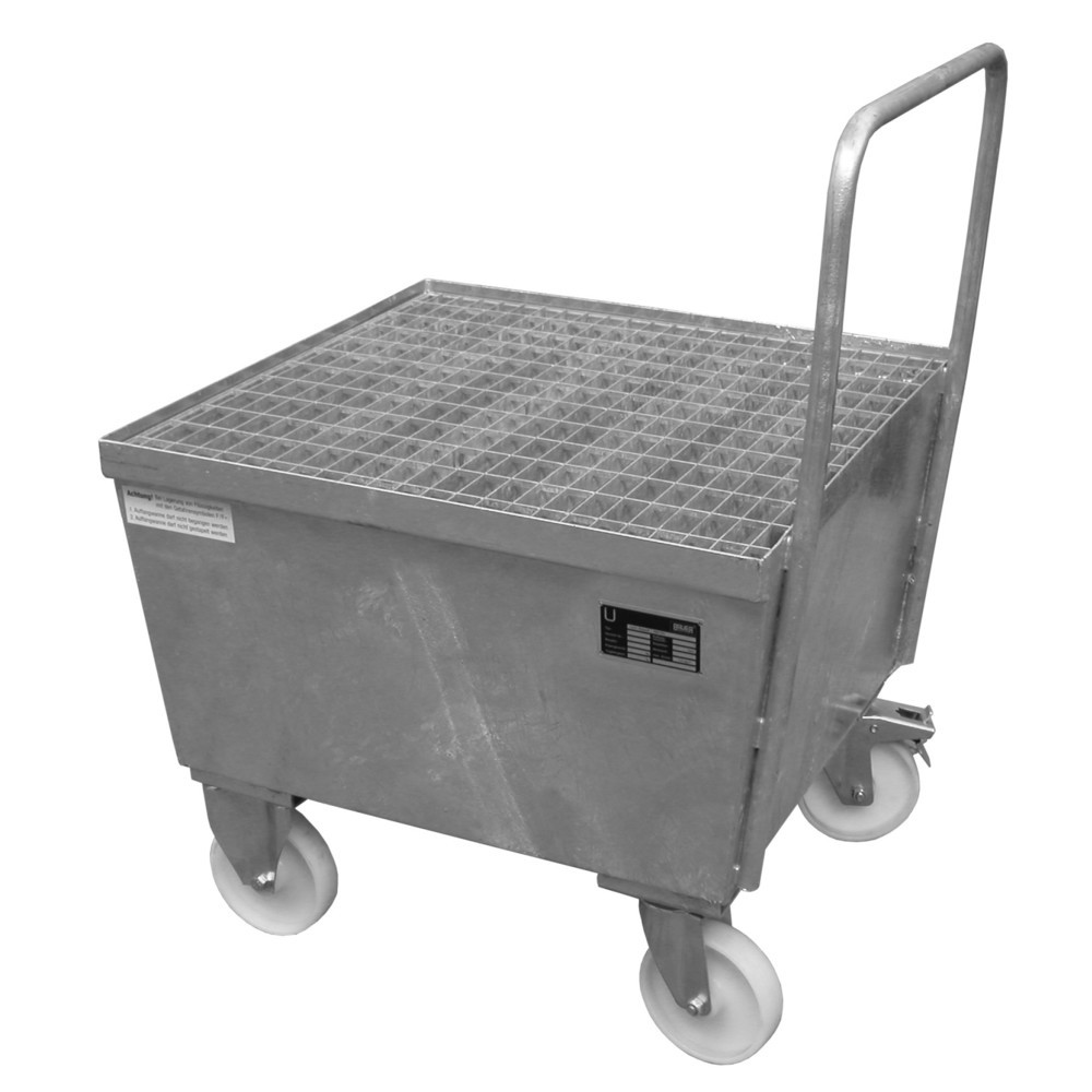 Produktabbildung: Bauer® Auffangwanne, fahrbar, 1x 200 l stehend, Auffangvolumen 215 l, feuerverzinkt