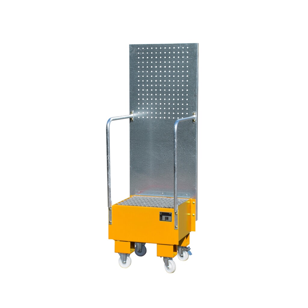 Bauer® Auffangwanne aus Stahl mit Lochplatte, verfahrbar, 1x 60 l, HxBxT 1.775 x 1.775 x 590 mm, gelborange Produktabbildung: Bauer® Auffangwanne aus Stahl mit Lochplatte, verfahrbar, 1x 60 l, HxBxT 1.775 x 1.775 x 590 mm, gelborange